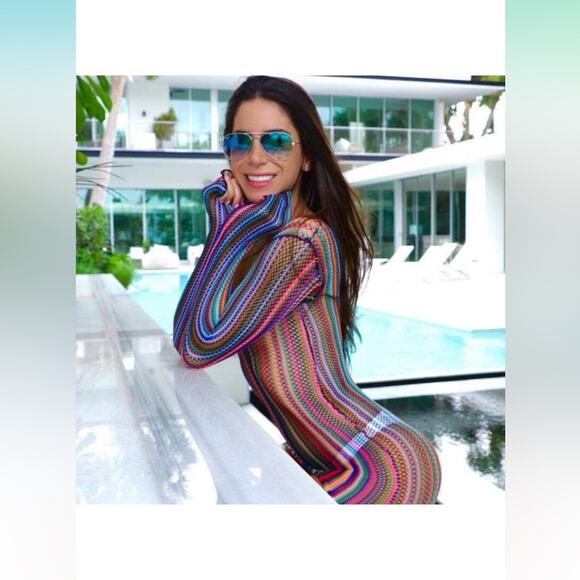 Rainbow mesh see through bathing suit cover size large NWOT - Picture 2 of 2